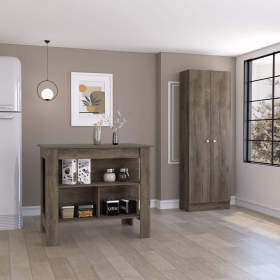 Ontario 2 Piece Kitchen Set, Kitchen Island + Pantry Cabinet (Color: Dark Brown/Onyx)